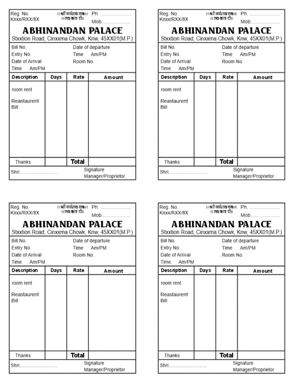 hotel bill slip format
